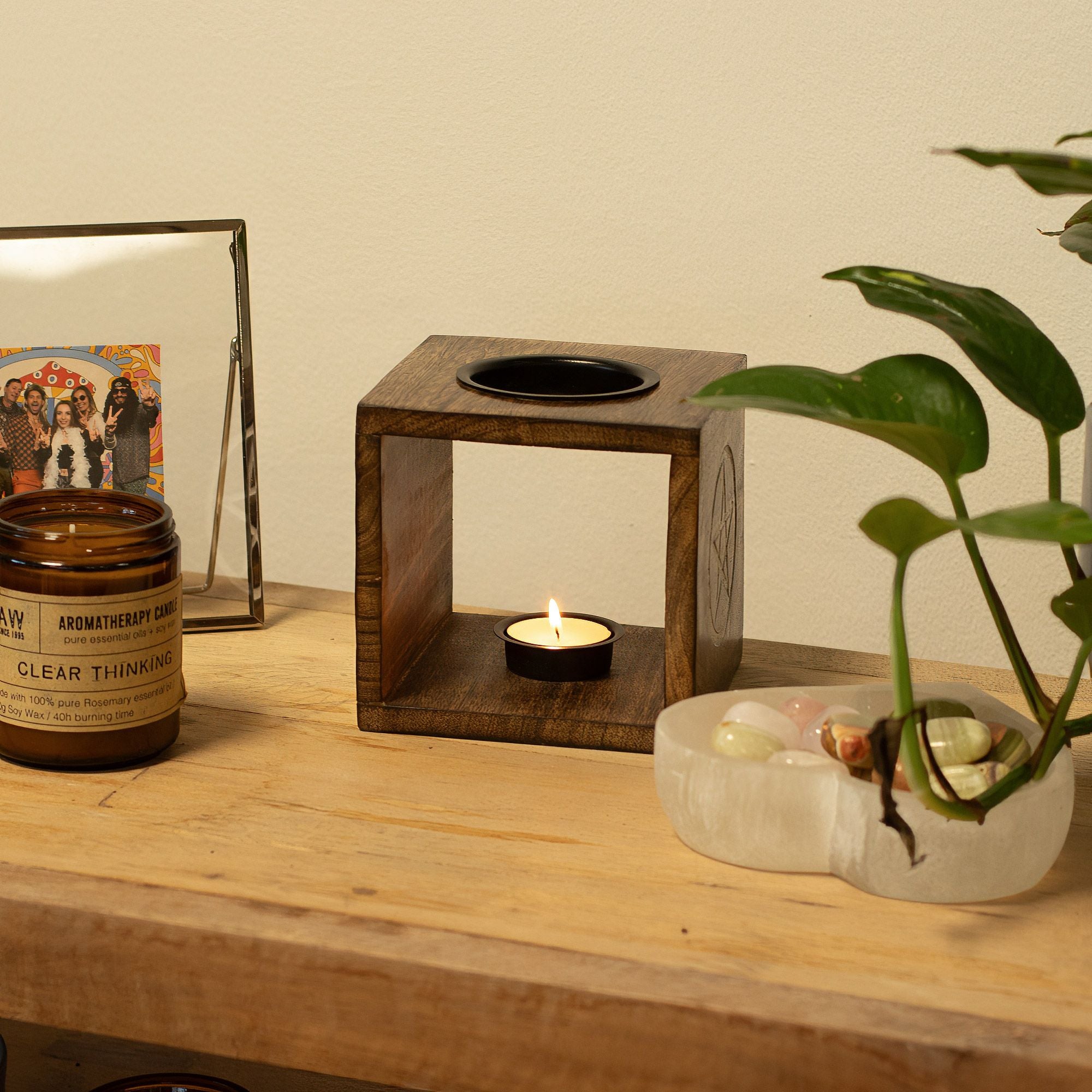 Large Square Mango Wood Oil Burner – Pentagon – oil burner, alternate product view 3