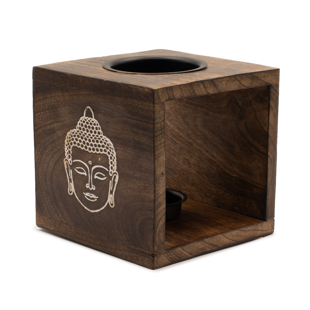Large Square Mango Wood Oil Burner – Buddha Face – oil burner, main product view