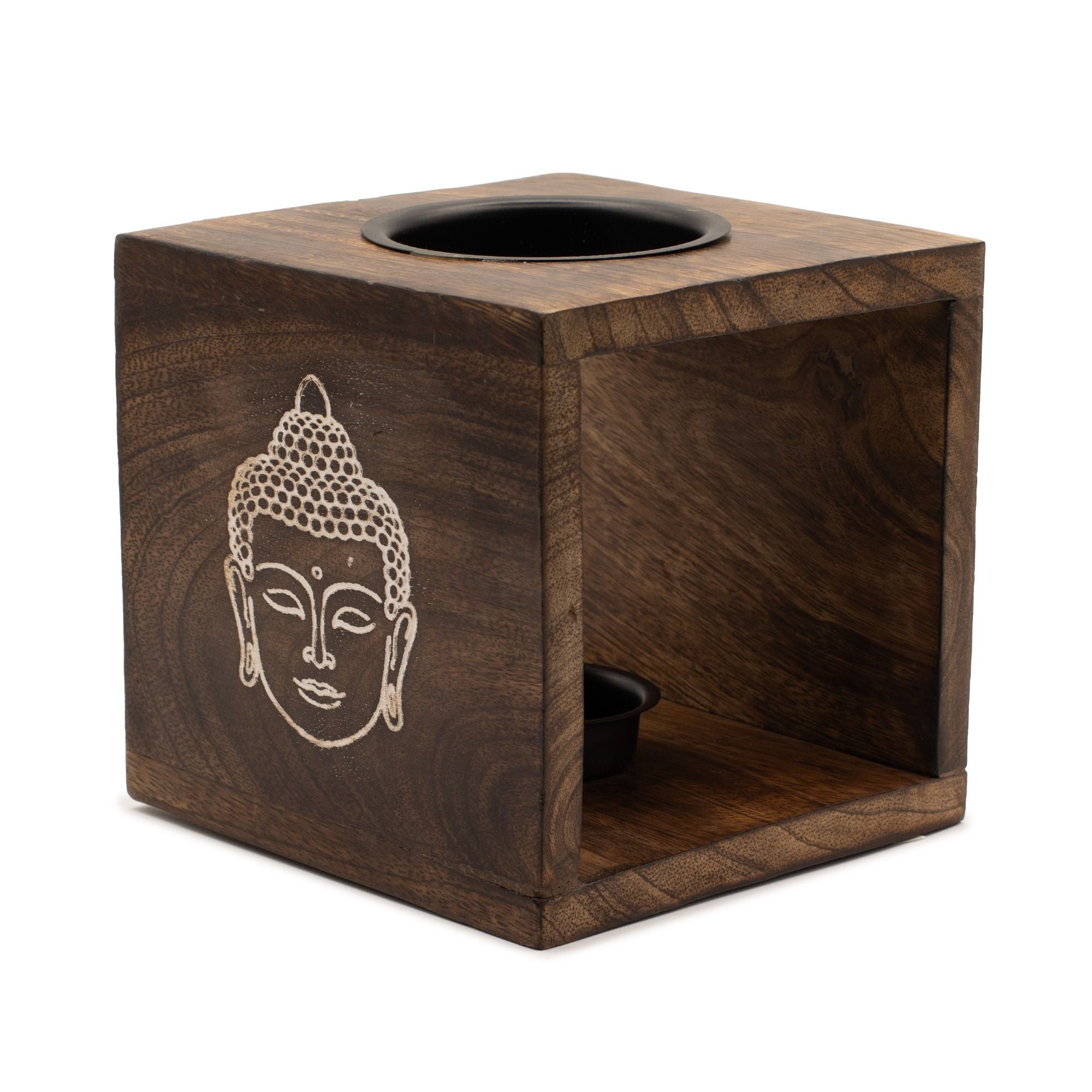 Large Square Mango Wood Oil Burner – Buddha Face – oil burner, main product view