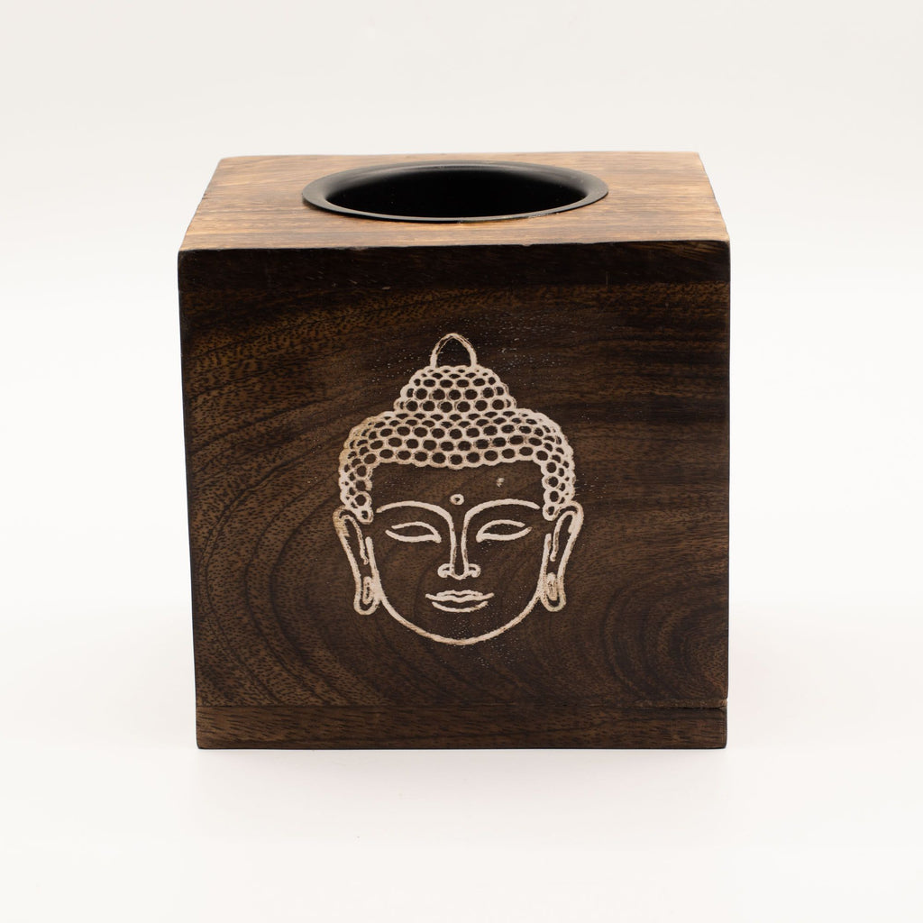 Large Square Mango Wood Oil Burner – Buddha Face – oil burner, alternate product view 3