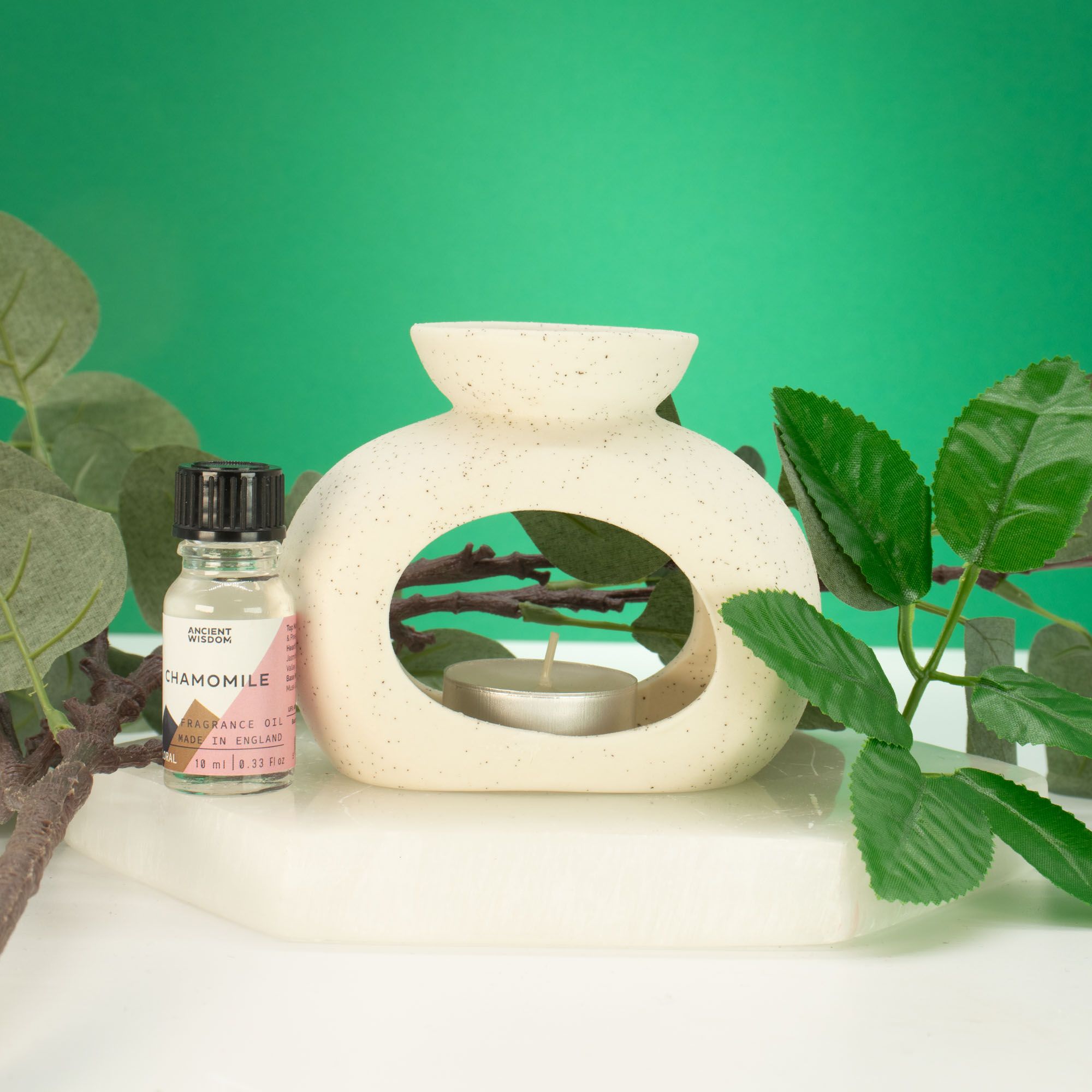 Ceramic Zen Oil Burner – Oval Pebble – Speckled Off – White – white oil burner, alternate product view 2