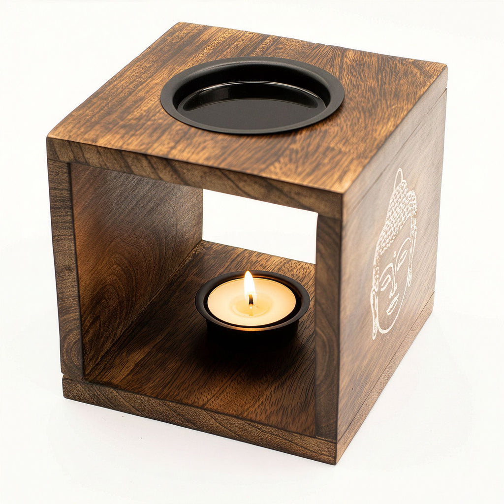Large Square Mango Wood Oil Burner – Buddha Face – oil burner, alternate product view 4