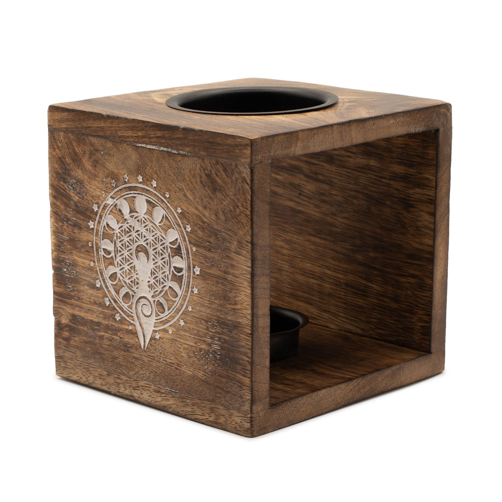 Large Square Mango Wood Oil Burner – Moon Goddess – oil burner, main product view