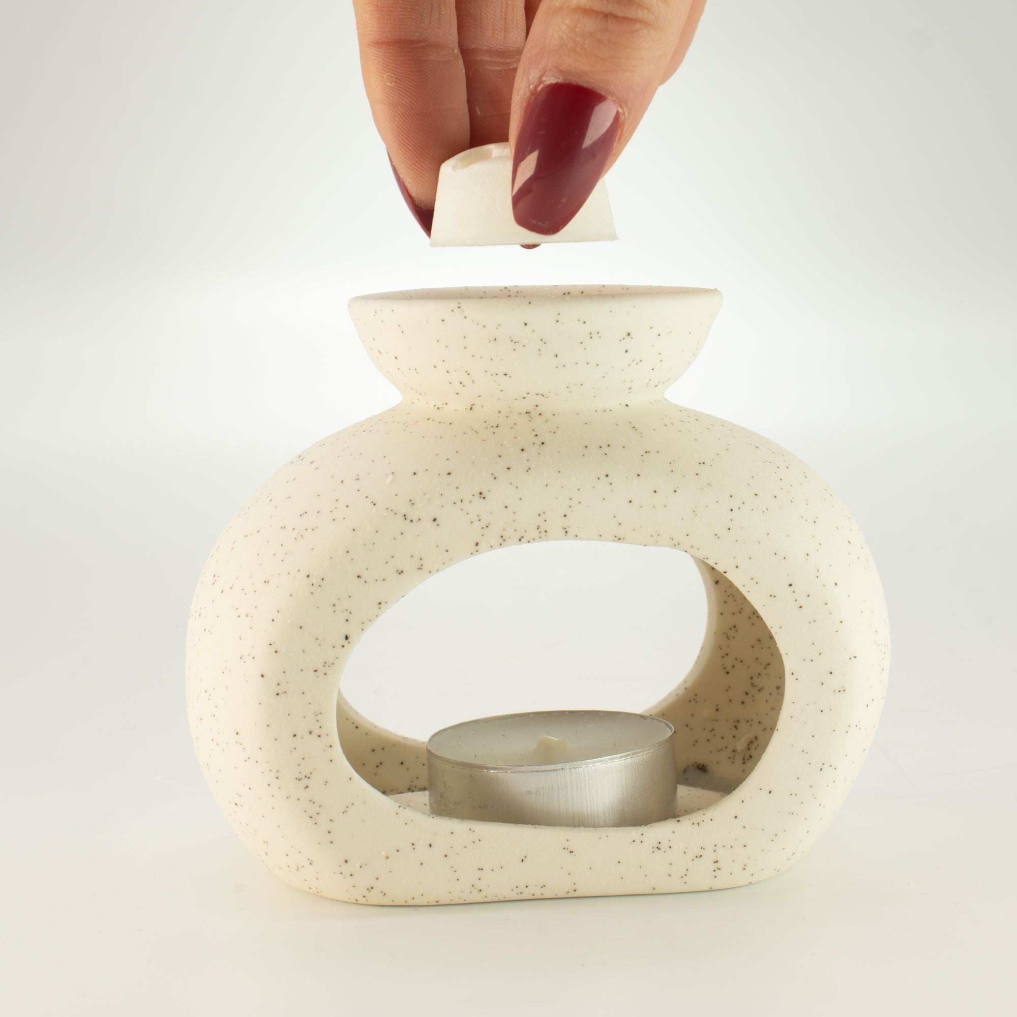 Ceramic Zen Oil Burner – Oval Pebble – Speckled Off – White – white oil burner, alternate product view 5