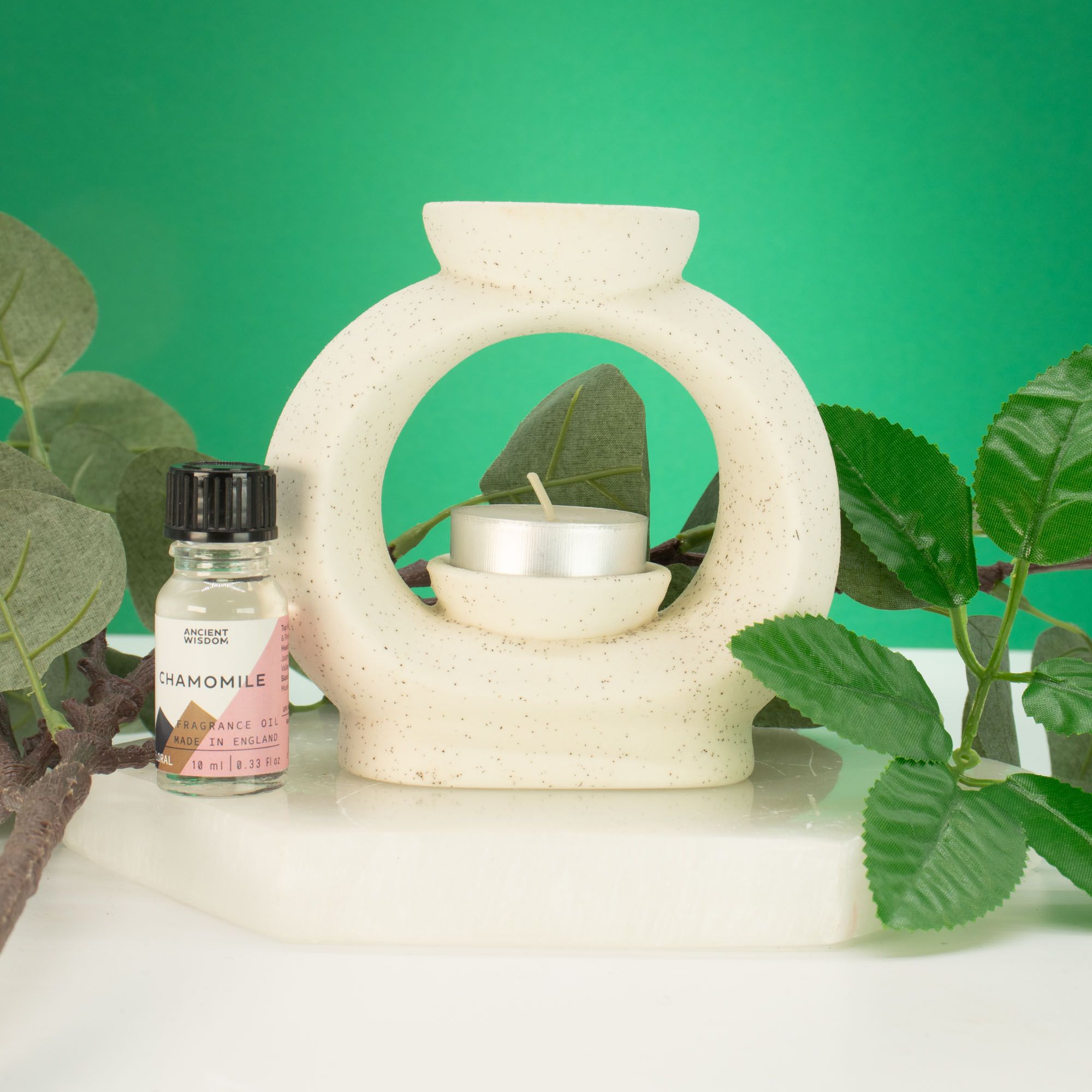 Ceramic Zen Oil Burner – Large Oval Pebble – Speckled Off – White – white oil burner, alternate product view 2
