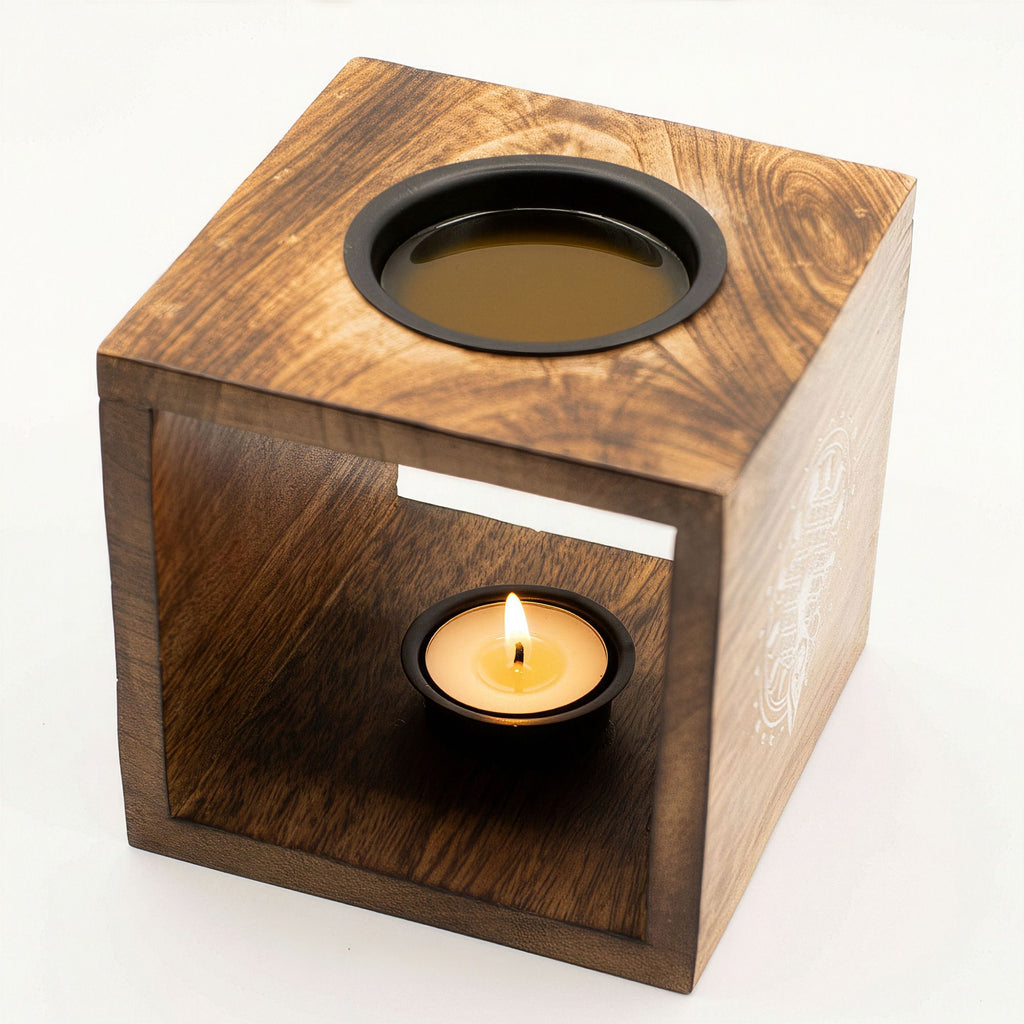 Large Square Mango Wood Oil Burner – Moon Goddess – oil burner, alternate product view 3