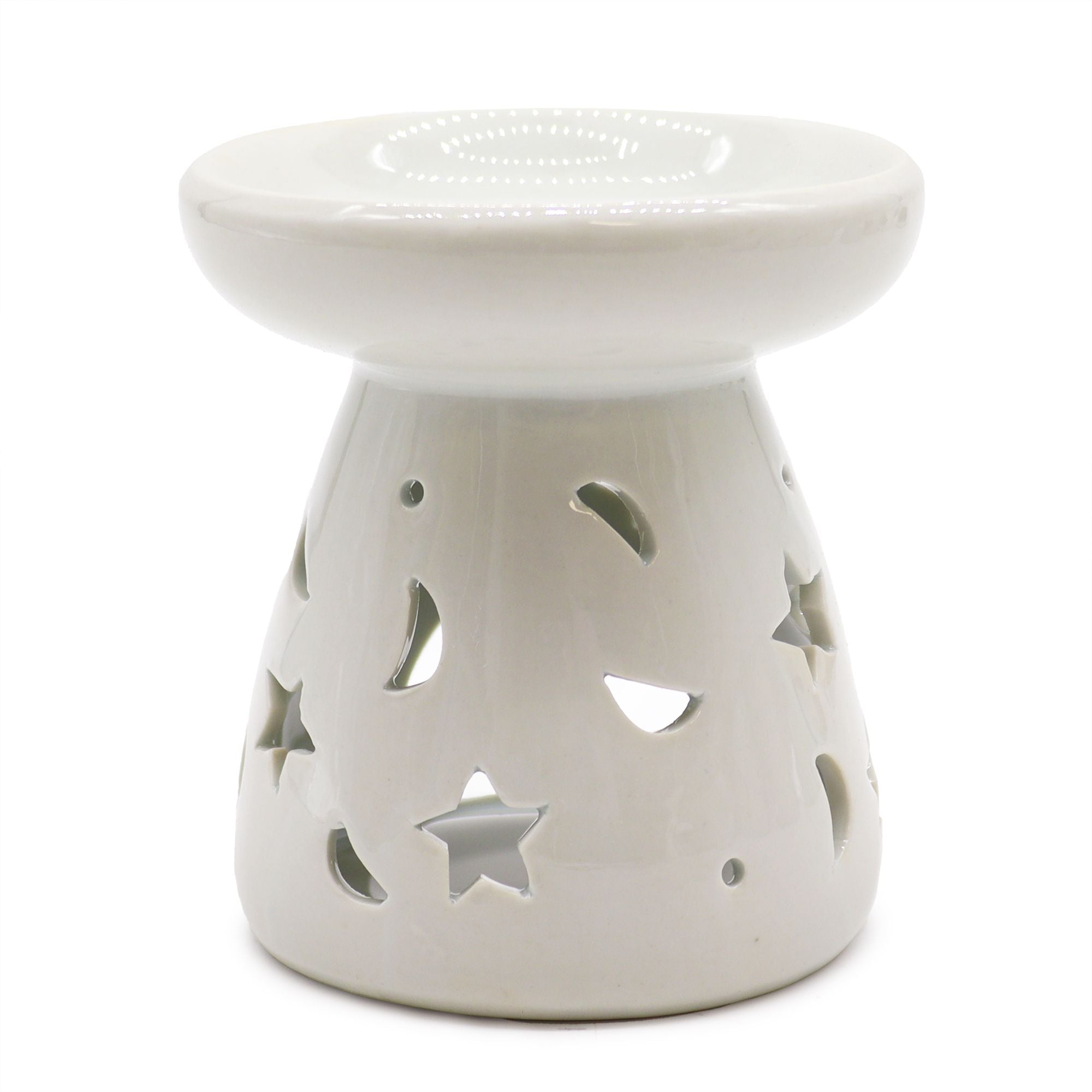 Lrg Classic White Oil Burner – Moon & Star – white oil burner, main product view