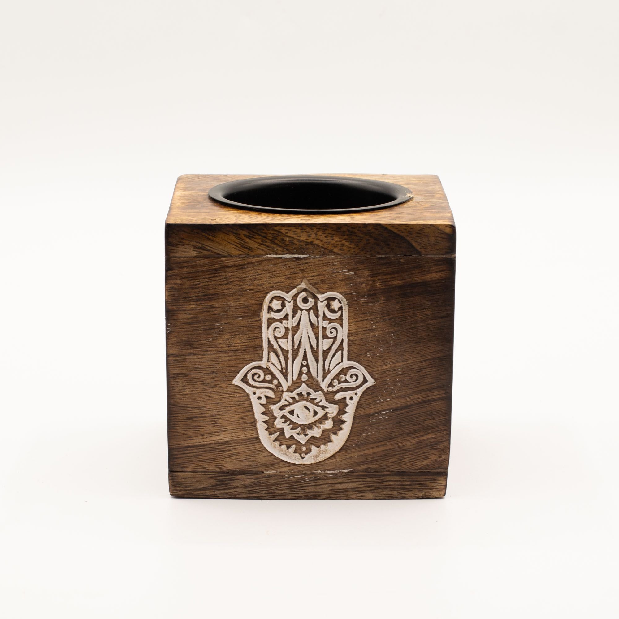 Square Mango Wood Oil Burner – Hamsa – oil burner, alternate product view 2