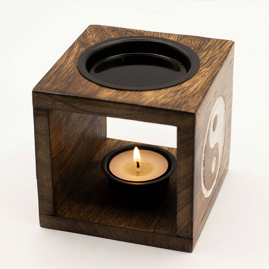 Square Mango Wood Oil Burner – Yin Yang – oil burner, alternate product view 4