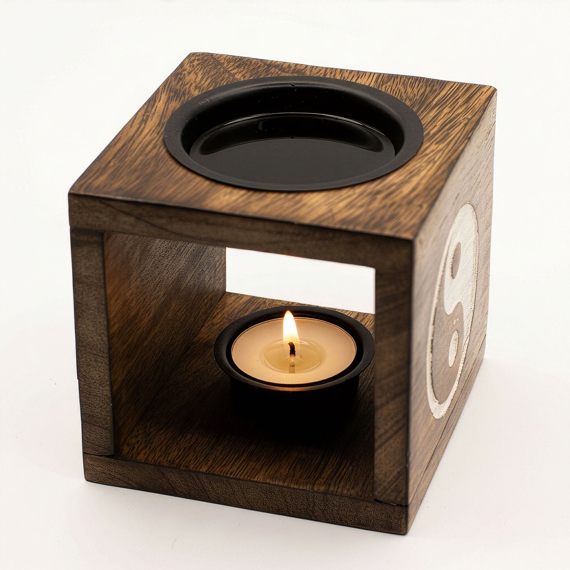 Square Mango Wood Oil Burner – Yin Yang – oil burner, alternate product view 4