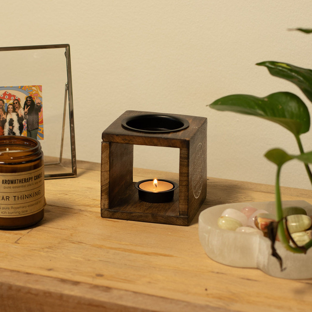 Large Square Mango Wood Oil Burner – Buddha Face – oil burner, alternate product view 2