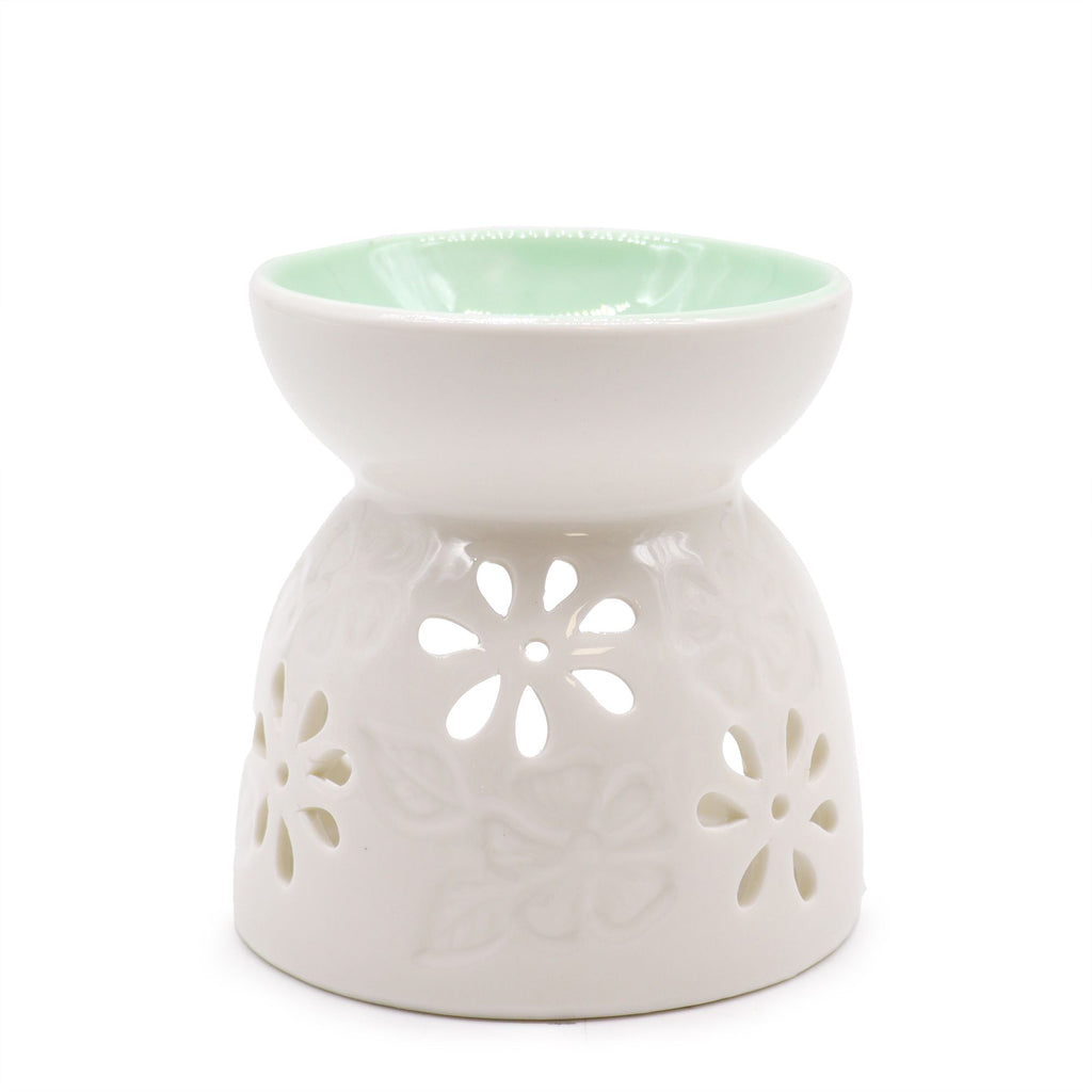 Classic White Oil Burner – Floral with Teal Well – white oil burner, main product view