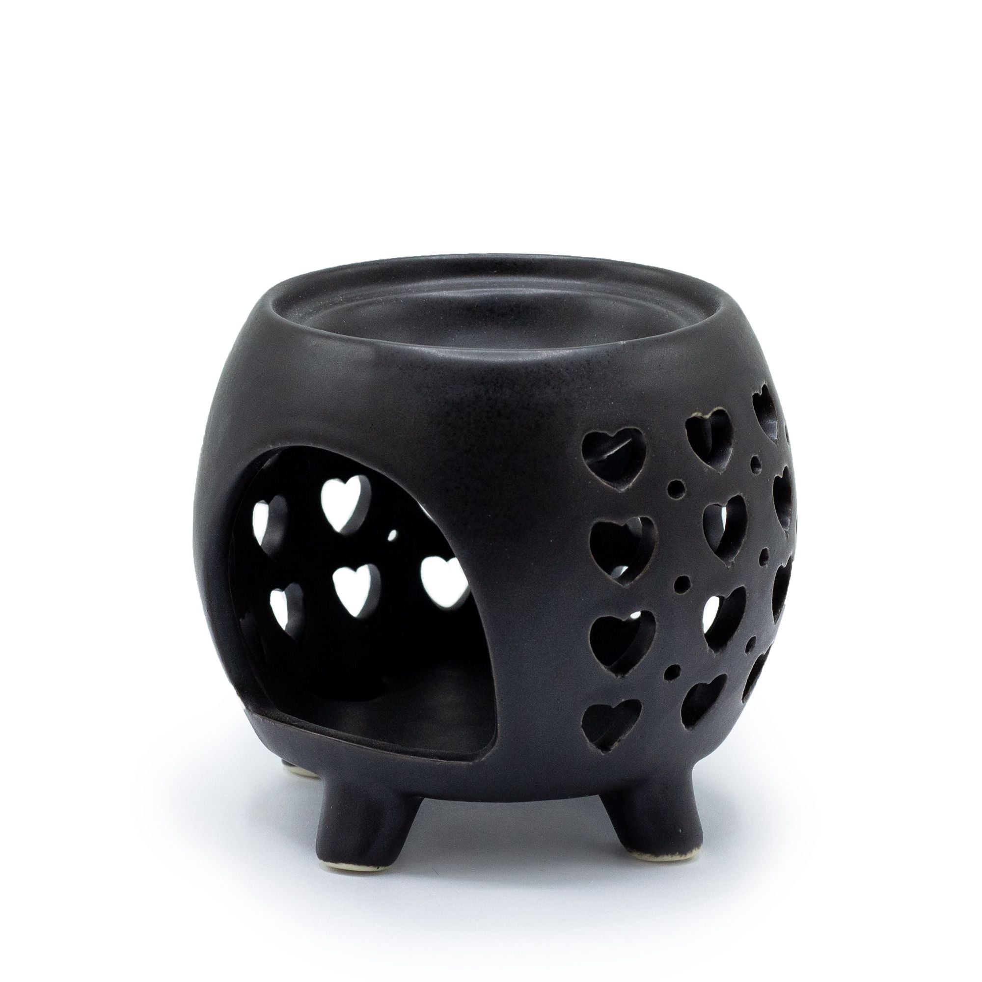 Squat Pot Oil Burner Multi Hearts – Matt Black – black oil burner, main product view