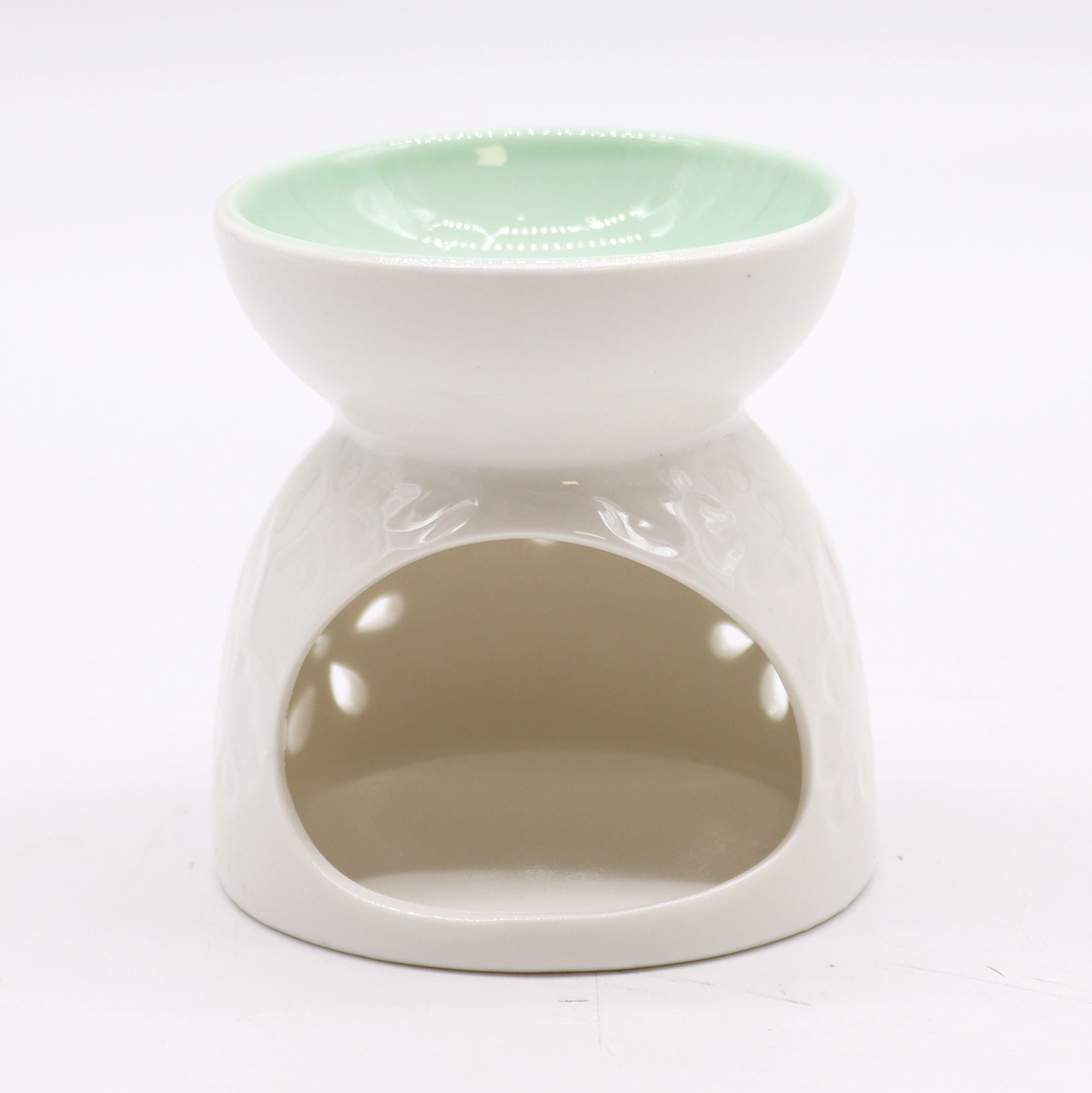 Classic White Oil Burner – Floral with Teal Well – white oil burner, alternate product view 3