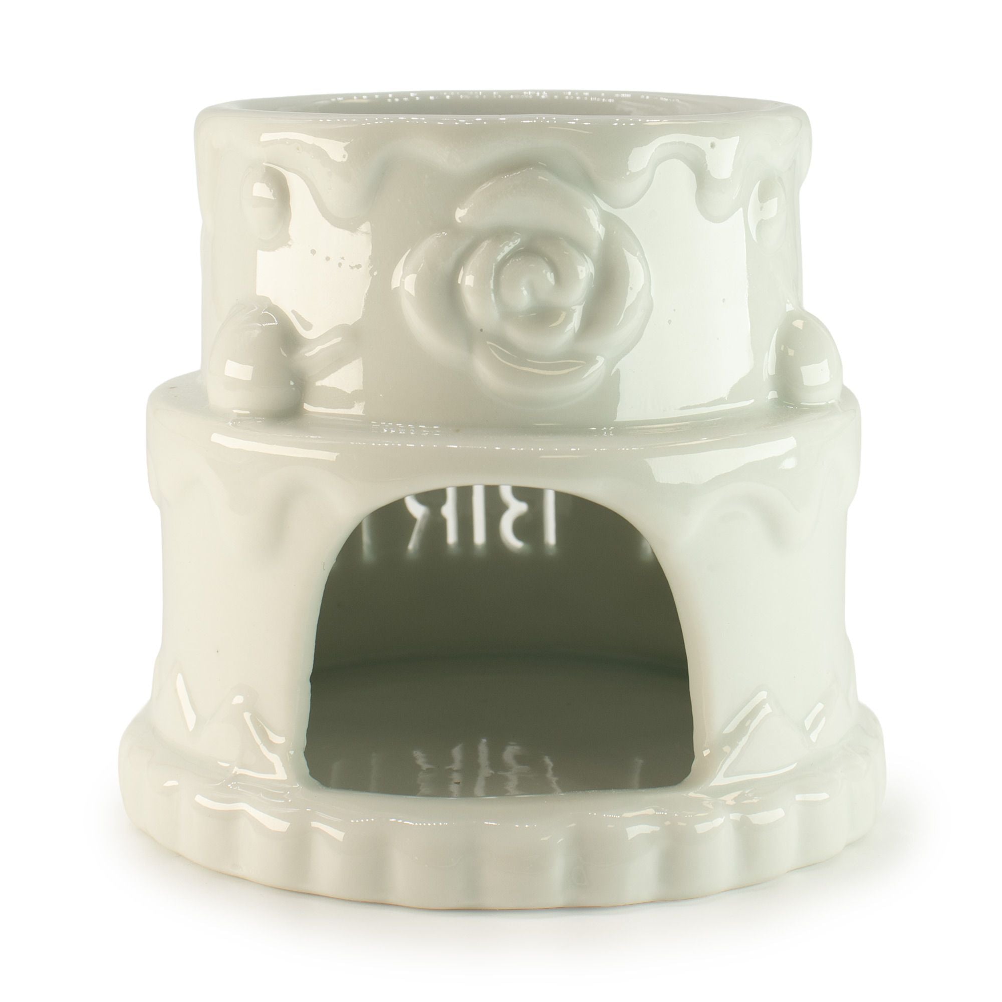 Ceramic Cake Oil Burner – HAPPY BIRTHDAY – White – white oil burner, main product view