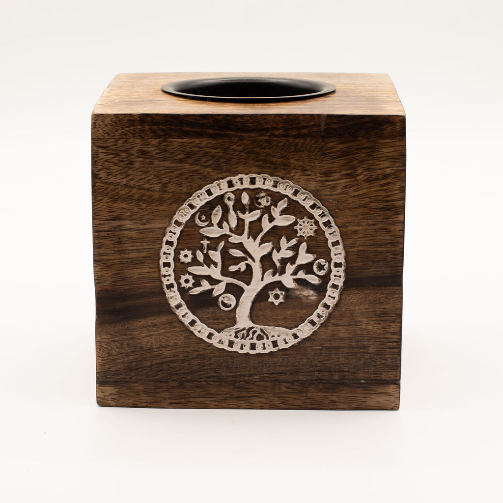 Large Square Mango Wood Oil Burner – Tree of Life – oil burner, main product view