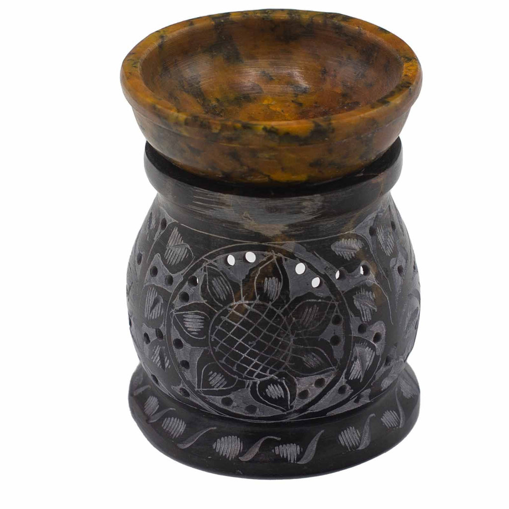 Soapstone Oil Burner 10cm – Mandala Flower – Black & Yellow – black oil burner, main product view