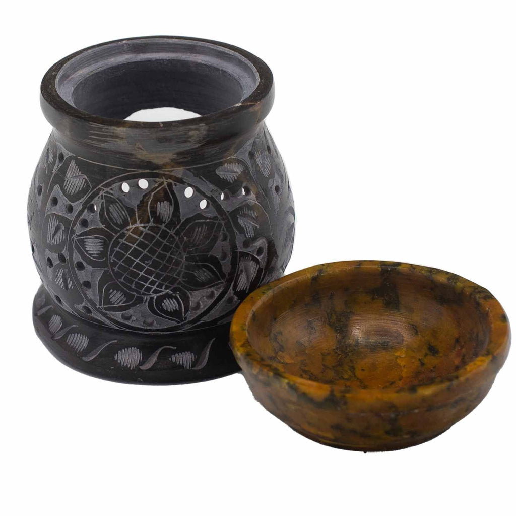 Soapstone Oil Burner 10cm – Mandala Flower – Black & Yellow – black oil burner, alternate product view 4