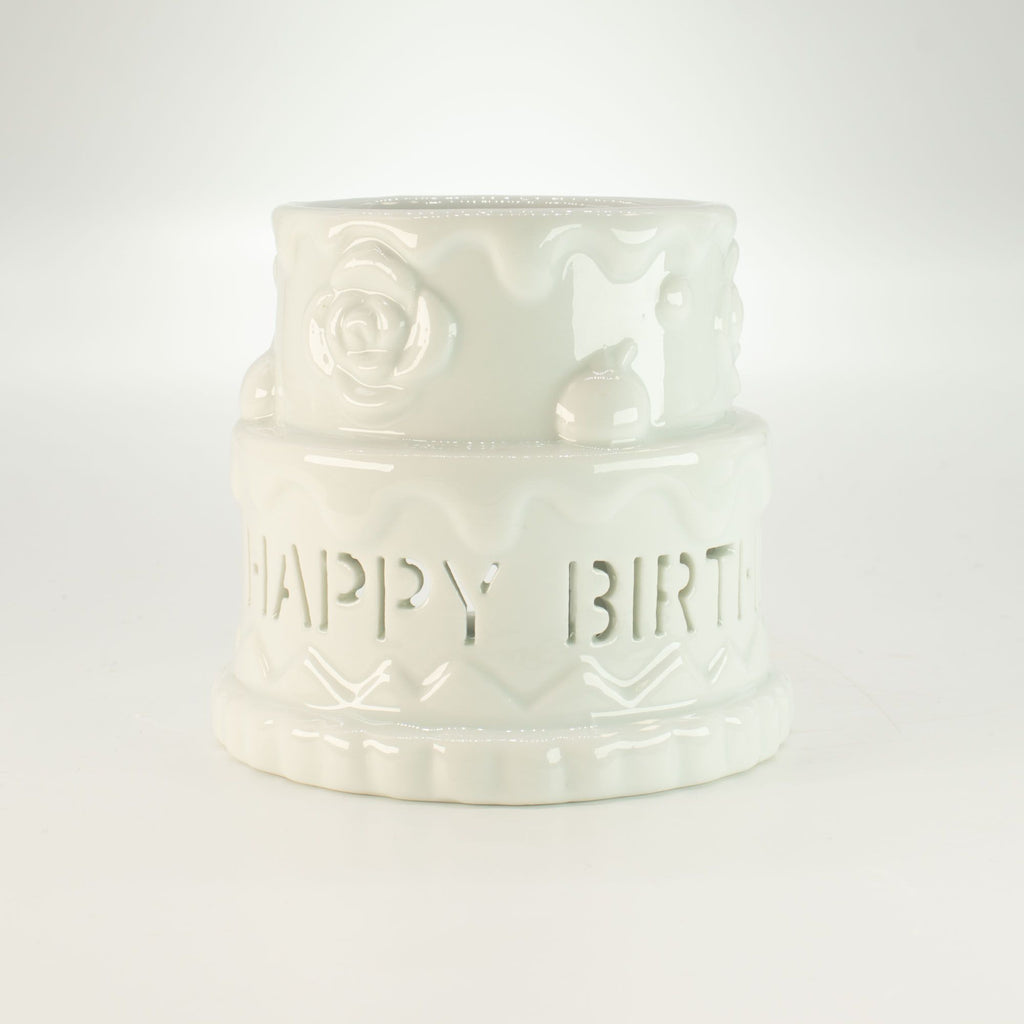 Ceramic Cake Oil Burner – HAPPY BIRTHDAY – White – white oil burner, alternate product view 5