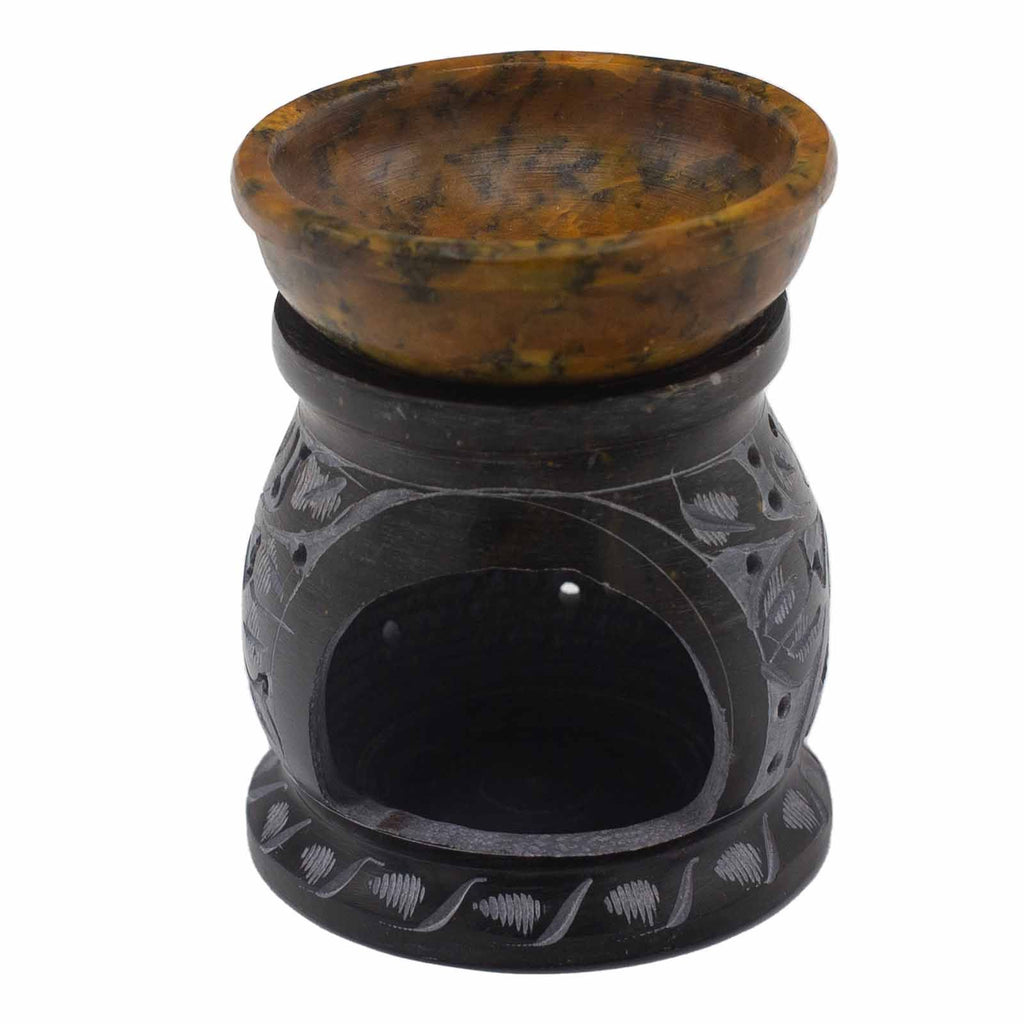 Soapstone Oil Burner 10cm – Mandala Flower – Black & Yellow – black oil burner, alternate product view 3