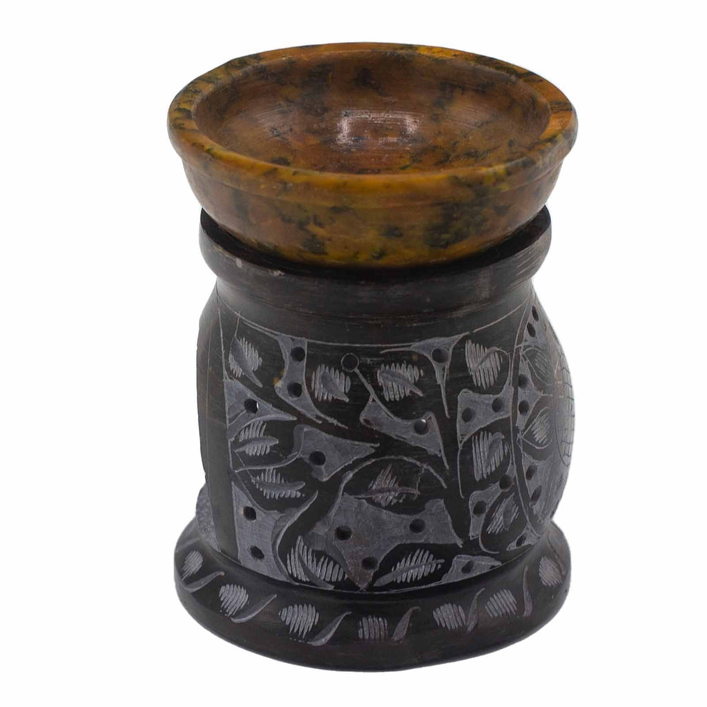 Soapstone Oil Burner 10cm – Mandala Flower – Black & Yellow – black oil burner, alternate product view 2