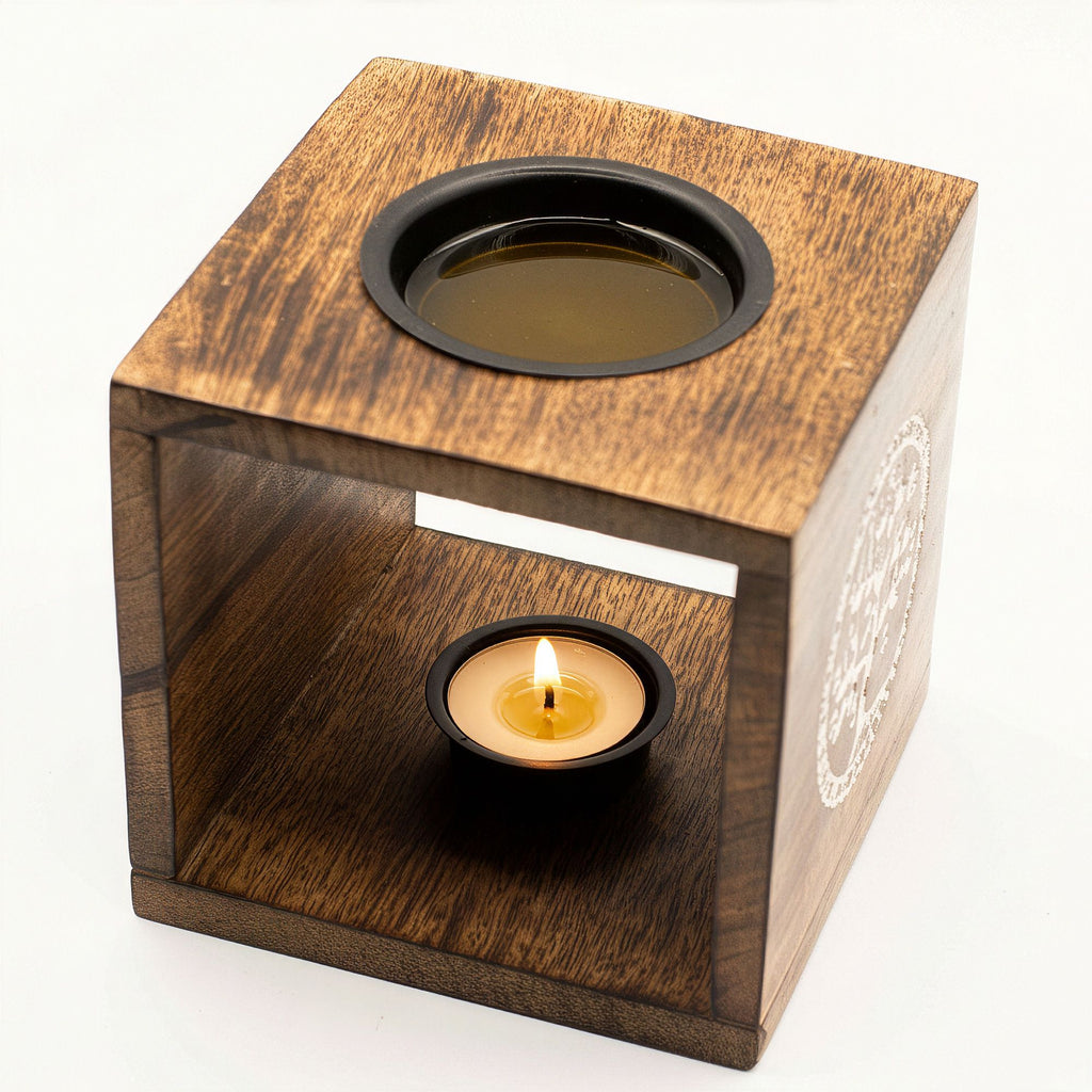 Large Square Mango Wood Oil Burner – Pentagon – oil burner, alternate product view 2