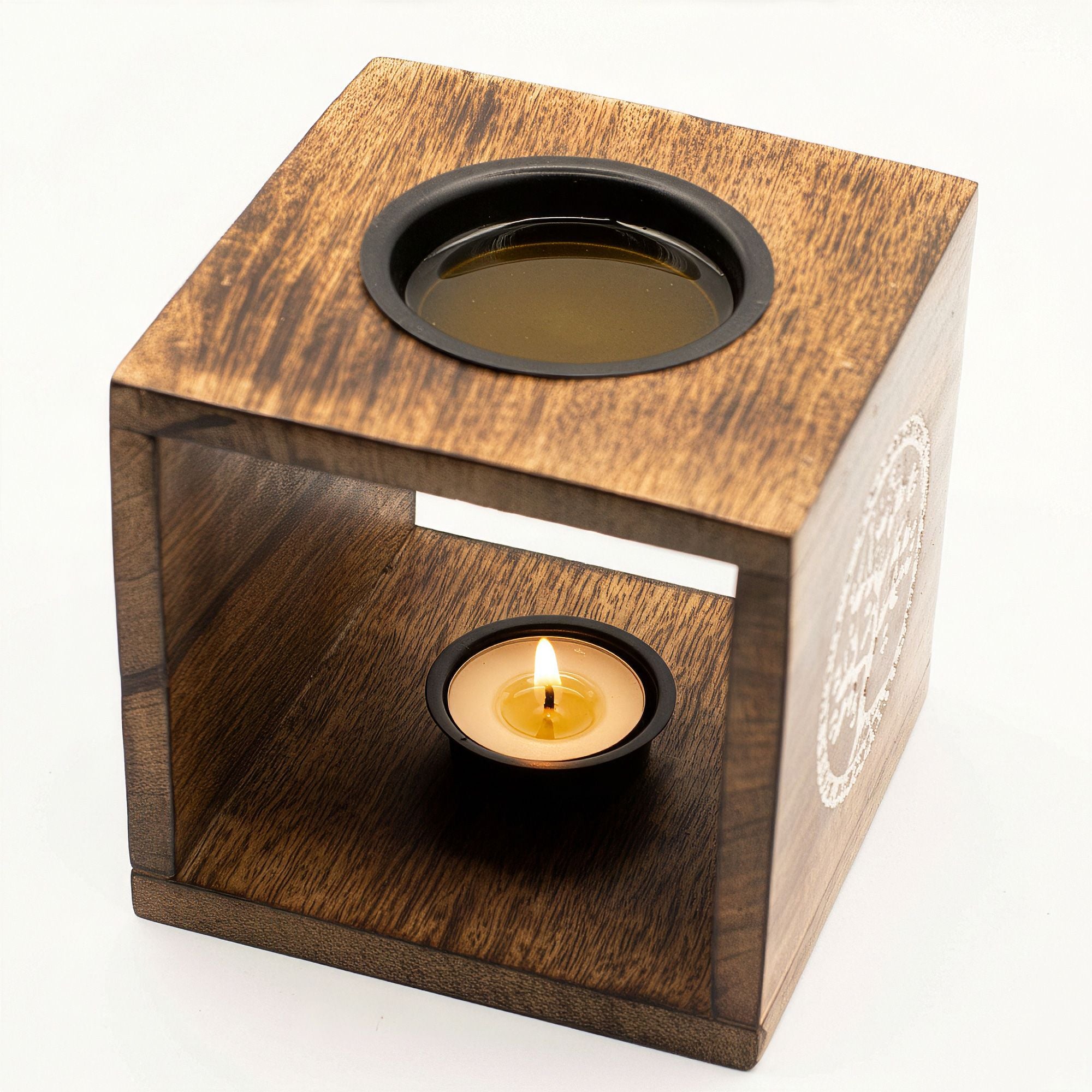 Large Square Mango Wood Oil Burner – Pentagon – oil burner, alternate product view 2