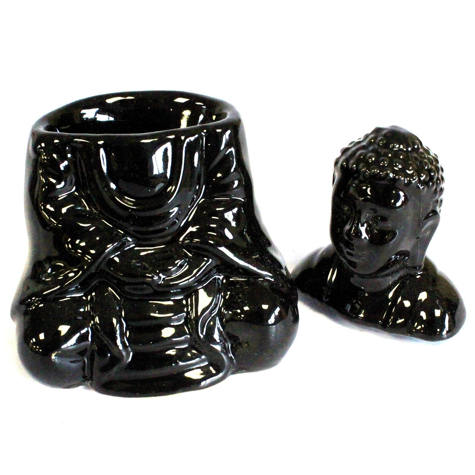 Sitting Buddha Oil Burner – Black – black oil burner, alternate product view 2