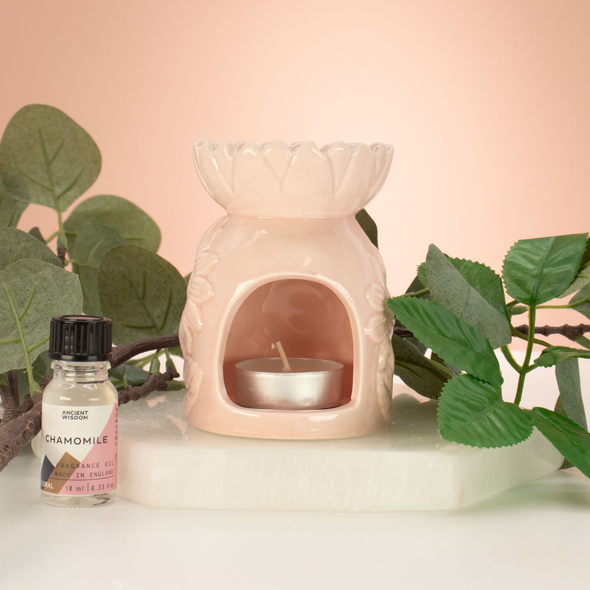Ceramic Sunflower Oil Burner – Pastel Pink – pink oil burner, alternate product view 2