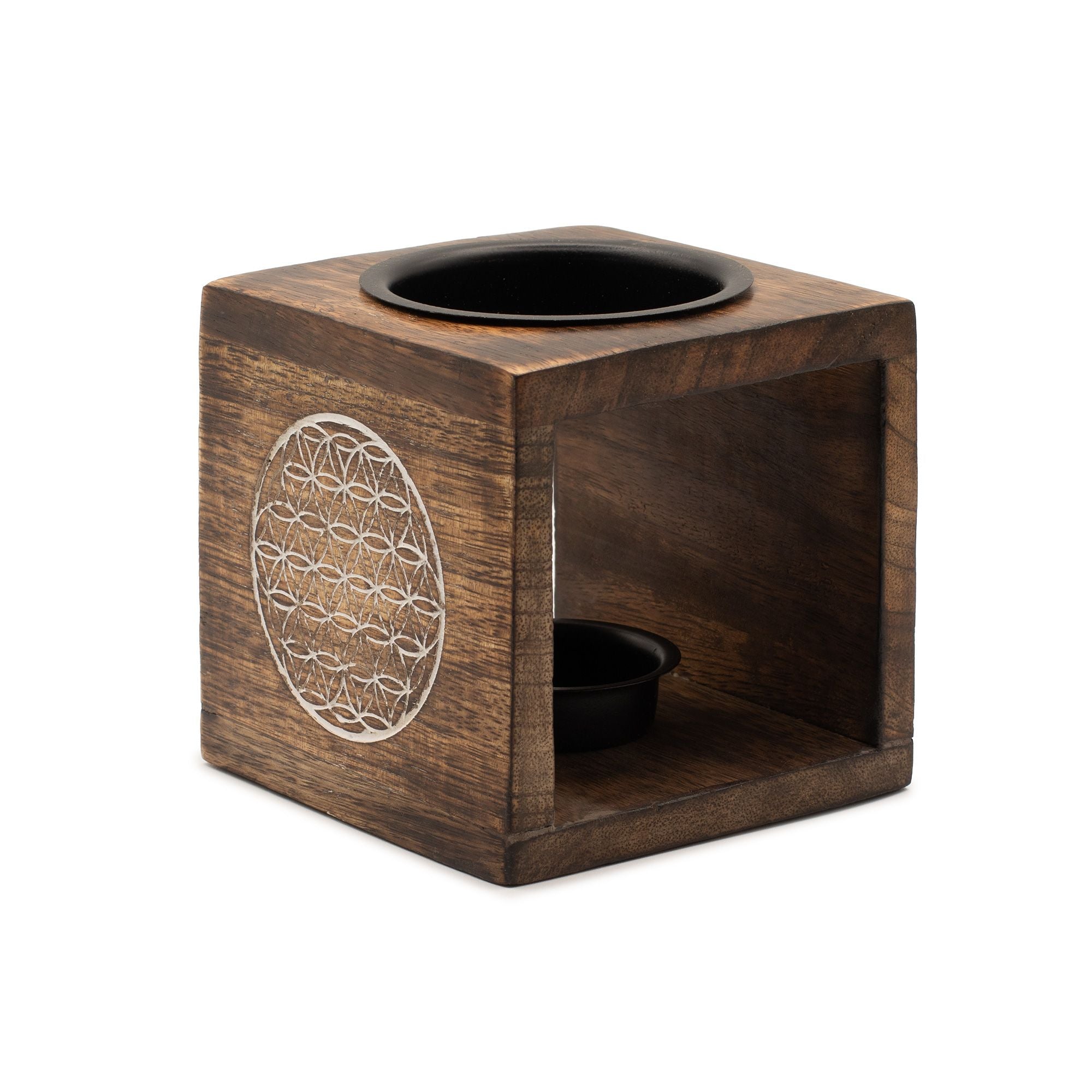 Square Mango Wood Oil Burner – Flower of Life – oil burner, alternate product view 2
