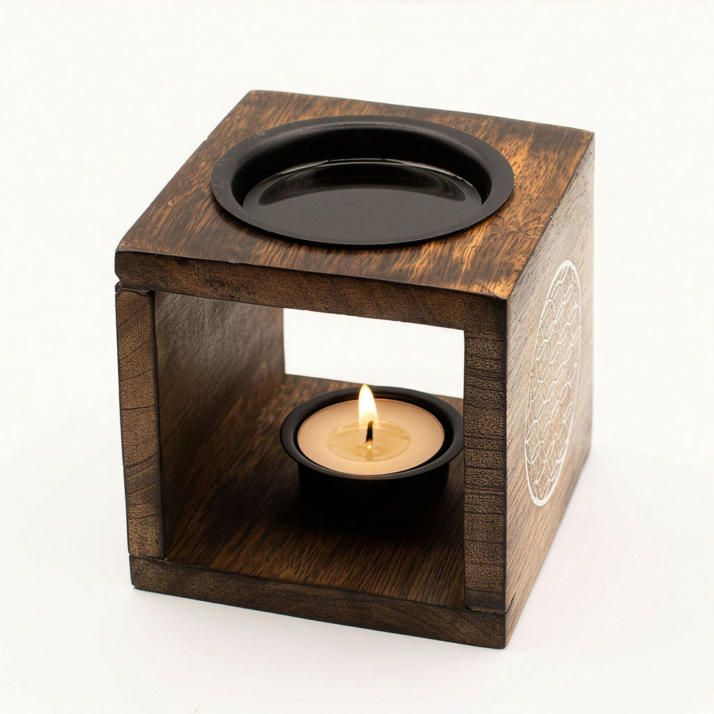 Square Mango Wood Oil Burner – Flower of Life – oil burner, alternate product view 3