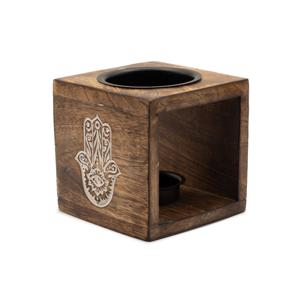 Square Mango Wood Oil Burner – Hamsa – oil burner, alternate product view 3